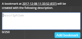 Bookmark dialog box in SmartOffice™ HTML5 video player, showing a date and time reference and including a description field.
