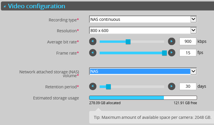Changing the video configuration for Cam1, and how that affects the estimated storage space