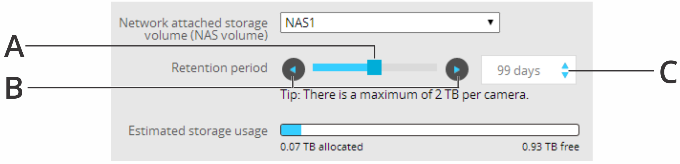 The different ways to set the retention period for recordings stored on a NAS volume